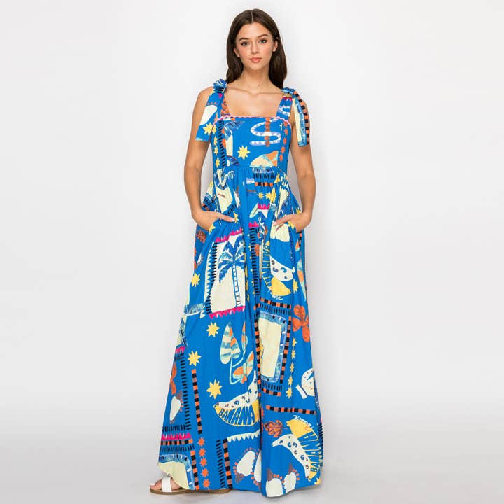 New Retro Blue Tropical Maxi Dress - LWD2896 for wholesale by LoveWednesday