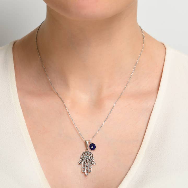 MYSTIC JEWELS – Engroshandel Halskæde med vedhæng – Sterling sølv 925 hamsa halskæde med 7 mm ondt øje vedhæng2