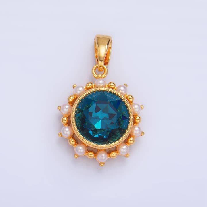 24K Gold Filled Blue CZ Shell Pearl Bezel Round Pendant | AA1013 for wholesale by Aim Eternal