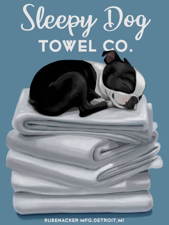 Toallas Boston Terrier, Sleepy Dog, estampado artístico de perros para venta al por mayor de Brian Rubenacker studios