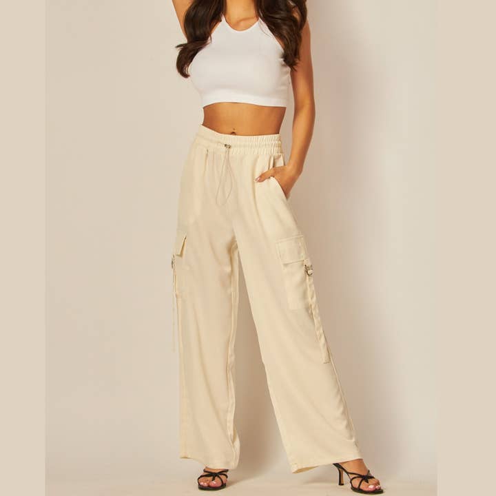 Satin Drawstring Cargo Pocket Pants for wholesale by WILD LILAC
