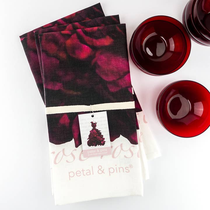 petal & pins - Wholesale Tea Towel - Linen Tea Towel - Red Wine Rose Gown - Floral Design