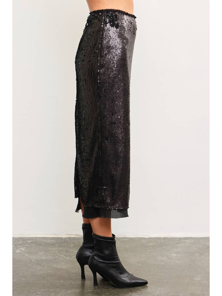 Mustard Seed - Wholesale Skirt - Women's - LAYERED MESH BACK SLIT SEQUIN MIDI SKIRT