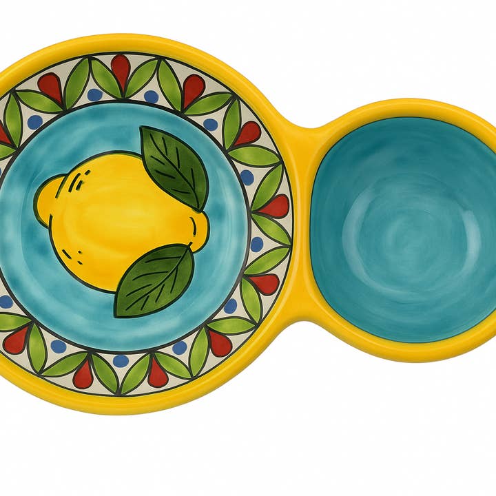 Piatto doppio per snack in ceramica dipinta a mano con limoni – Made in Italy per la vendita all'ingrosso da parte di Made in eatalia