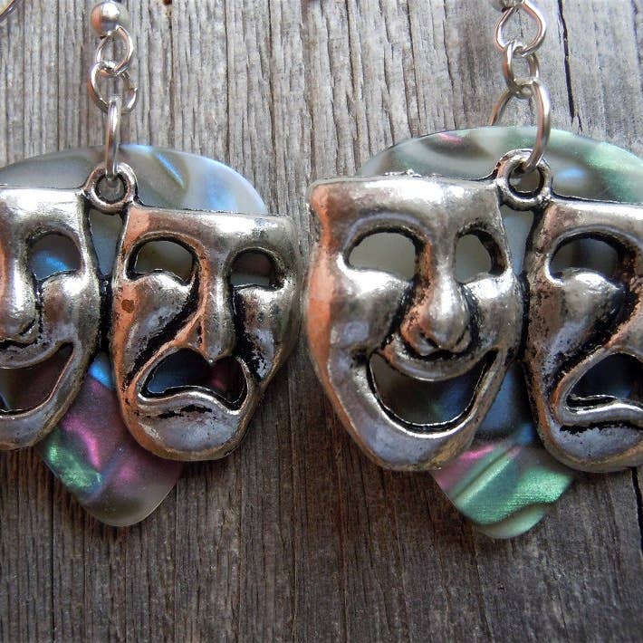Simply Raevyn - Wholesale Dangle Earrings - Theater Mask Charm Guitar Pick Earrings6