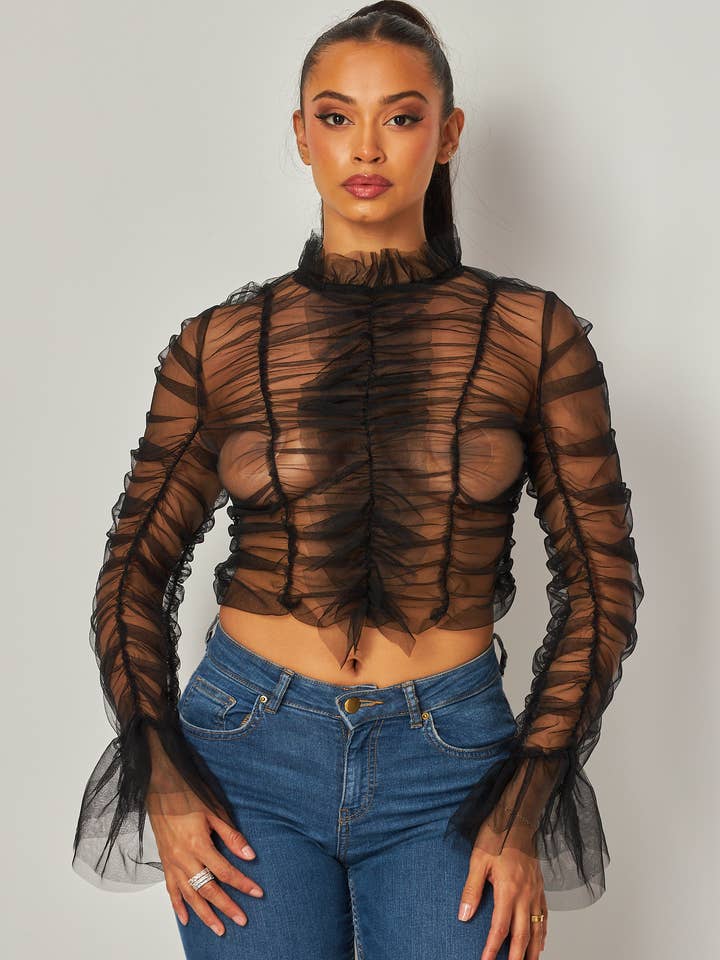 Hot & Delicious – Engroshandel Bluse - Dame – All Of Me Shirred Mesh Mock Hals Langærmet Top (HDT31460)