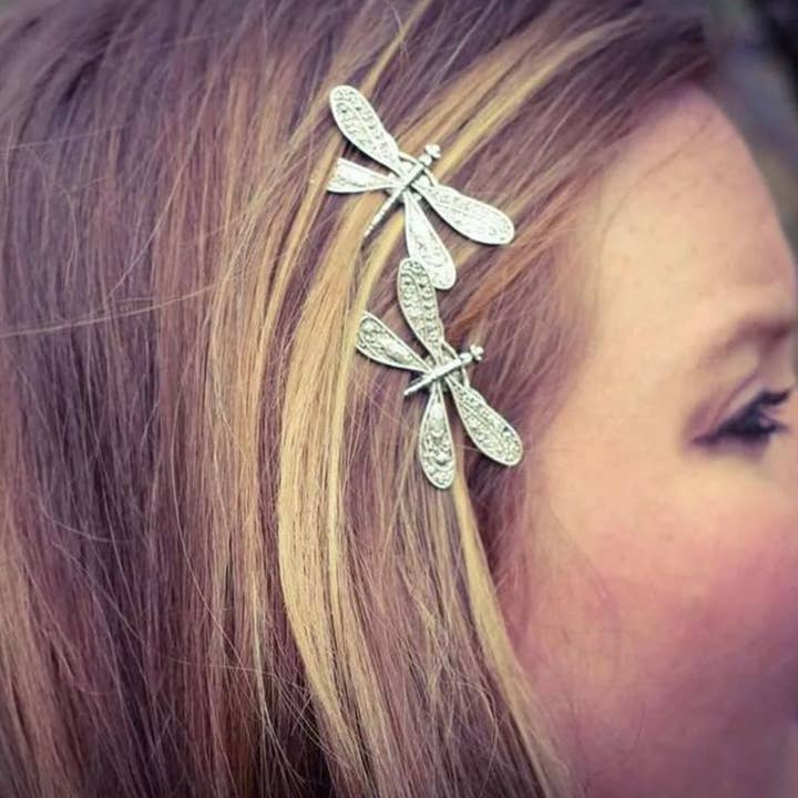 HR 561 Dragonfly Hair Pin mat silver plated for wholesale by COPPER ARTS INC.