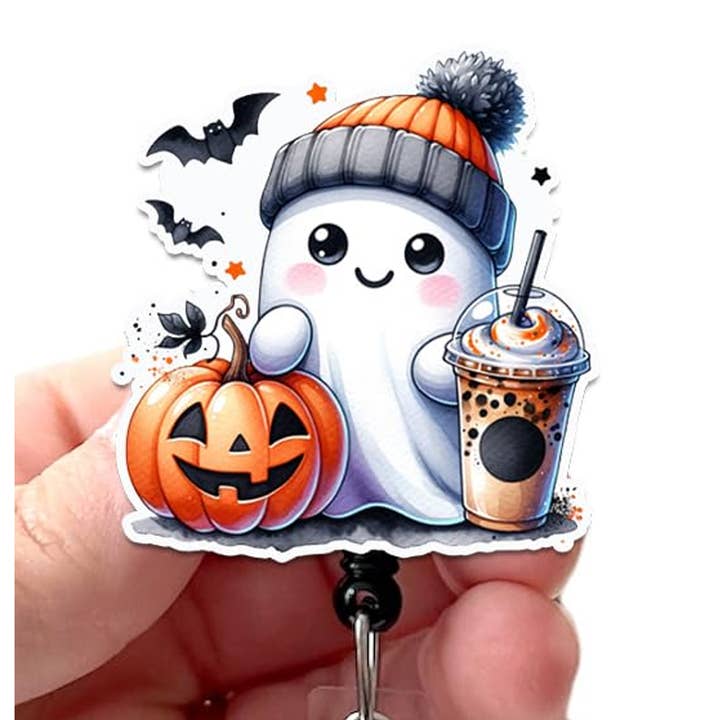 Fall Ghost Pumpkin Coffee Acrylic Retractable Badge Reel for wholesale by Good Girl Gone Badge