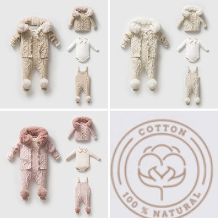 Unisex 3-Piece Knitted Overall Set with Faux Fur Hood-3-12M for wholesale by Omnis Pura