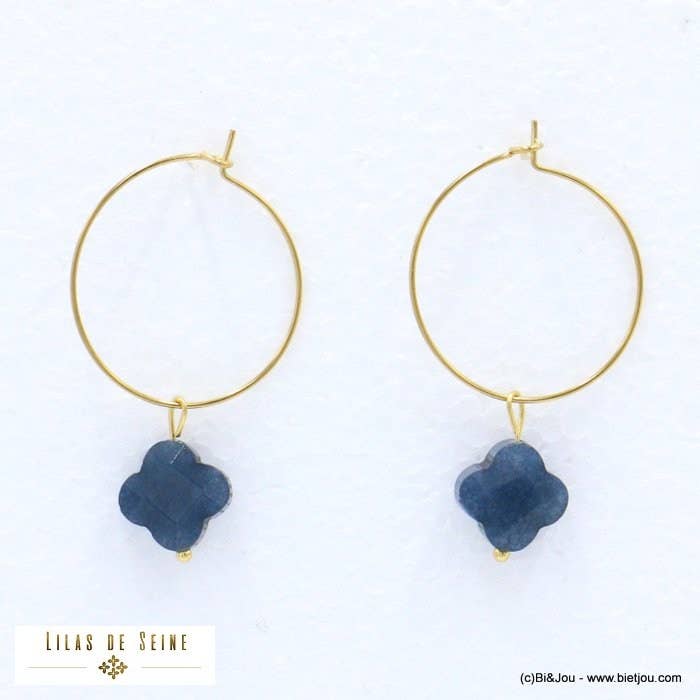 Creolen-Ohrringe mit Kleeblatt-Anhänger aus Naturstein, Edelstahl (0321045) für den Großhandel von Lilas de Seine