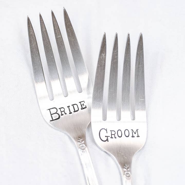 Bride & Groom Silver Plate Fork Set Wedding Engagement Gift for wholesale by Junk Girls