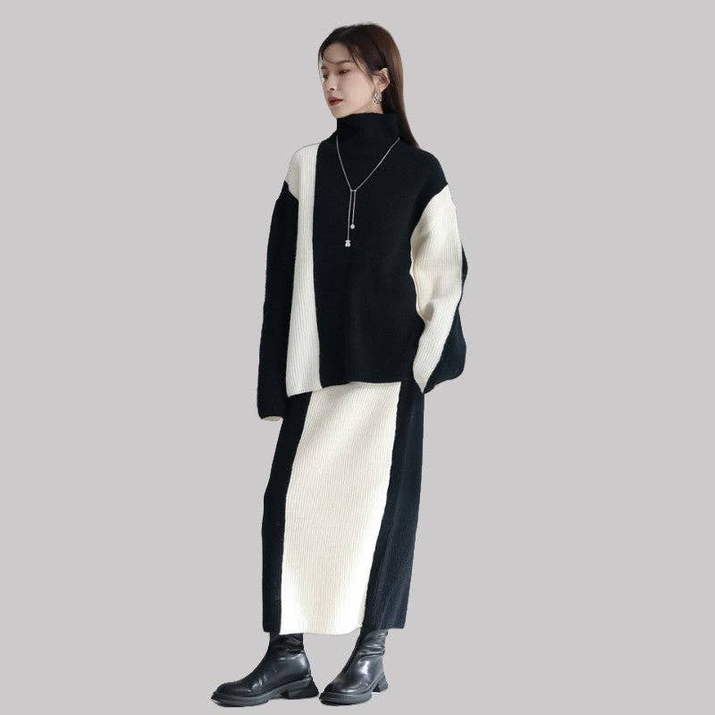 WHITE BLACK Color-Blocked Knit Top And Skirt Set for wholesale on Faire3