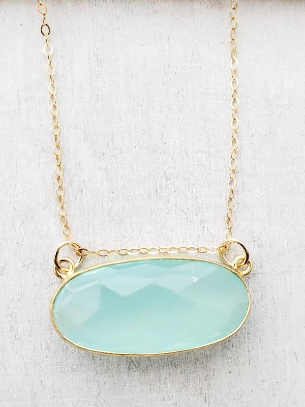 Floating Aqua Chalcedony Gold Necklace for wholesale by Sosie Designs