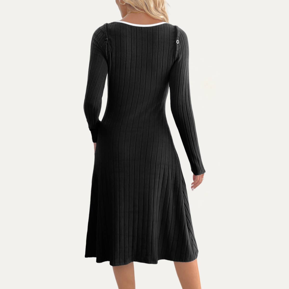 Schwarz Einzigartiges schwarzes Rippstrick-Midikleid mit abnehmbaren Ärmeln und V-Ausschnitt für den Großhandel auf Faire9