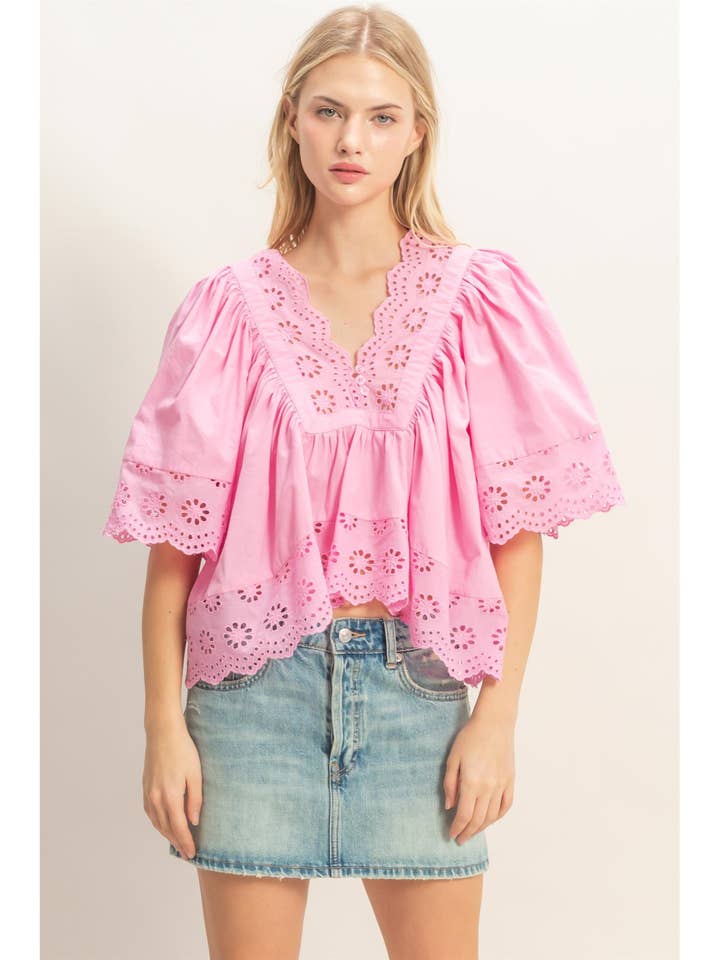 Scalloped Eyelet Babydoll Top for wholesale by HYFVE