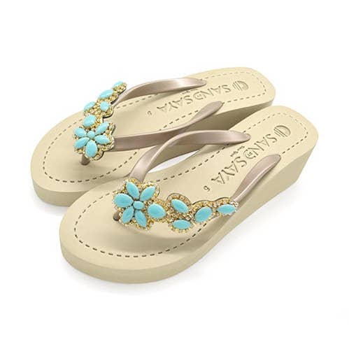 Türkisblaue Flip Flops mit Strass und mittelhohem Keilabsatz für den Großhandel von Sand by Saya