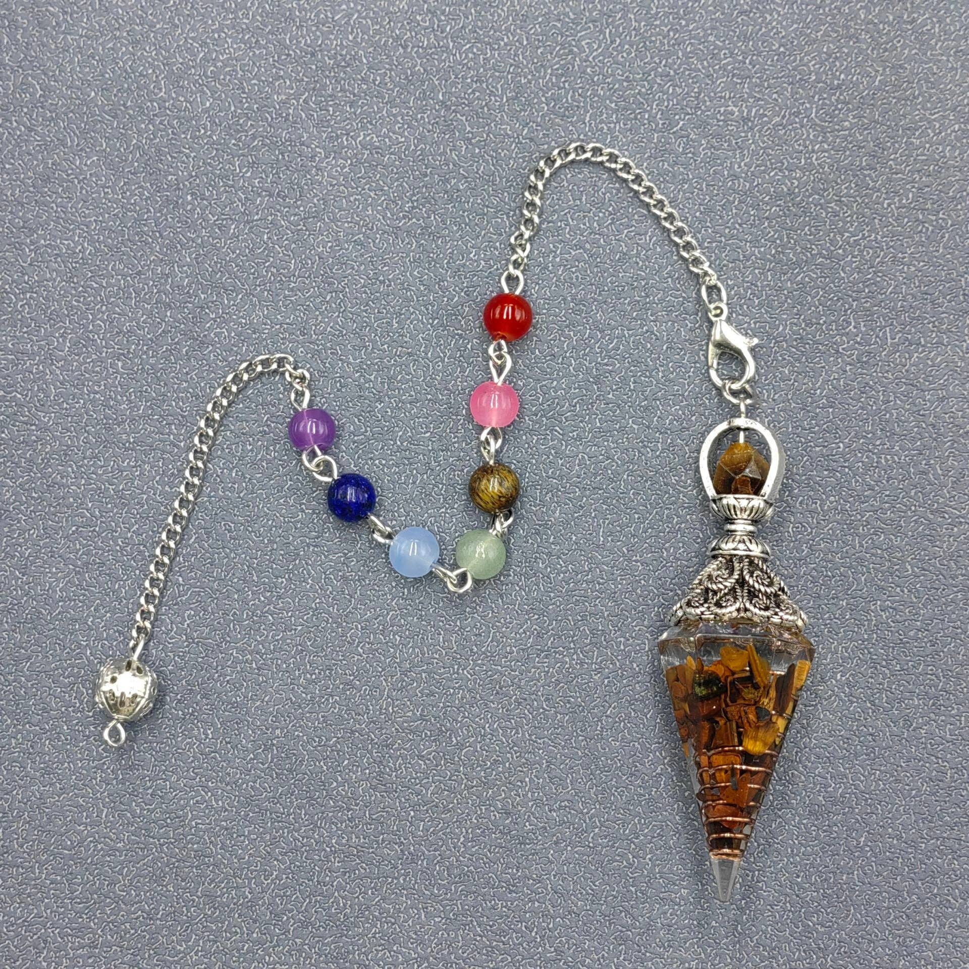 Mio Queena - Wholesale Spiritual Stone/Crystal - Hexagonal Cone Gravel Pendulum with Chakra Chain - CS21