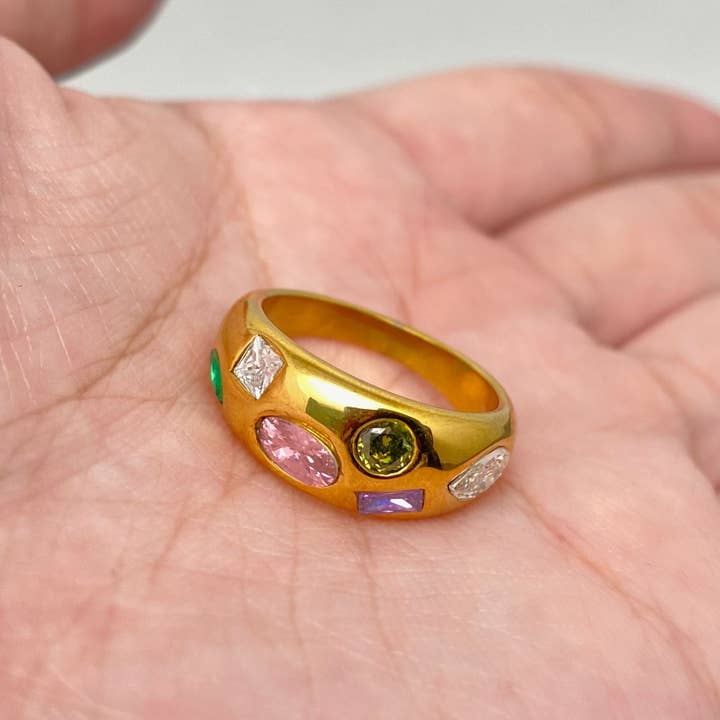 Mio Queena - Wholesale Multi-Stone Ring - Colorful Zircon 18K Gold Plated Stainless Steel Ring - FGS