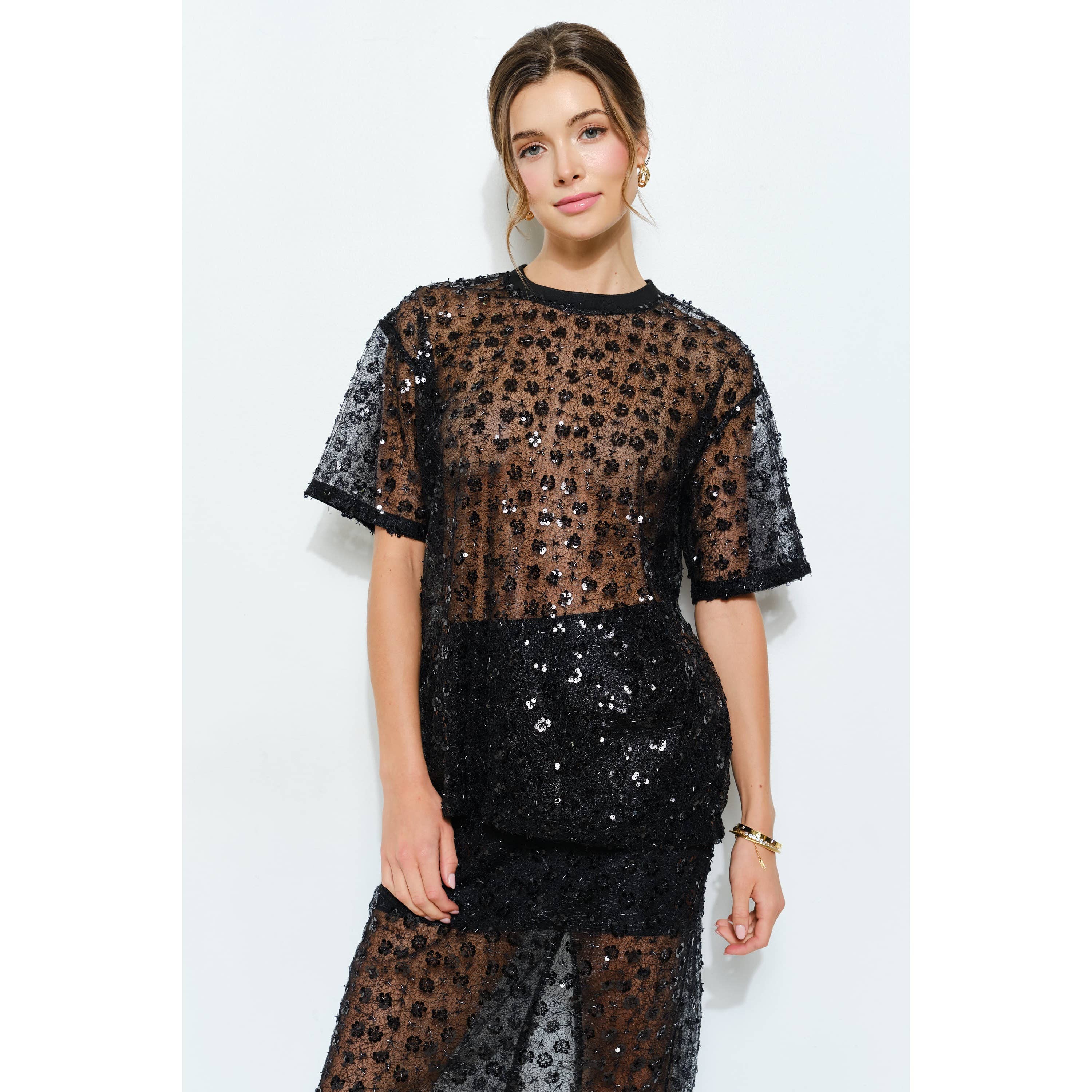 INA - Wholesale Blouse - Women's - Short Sleeve See-through Floral Sequin Top0