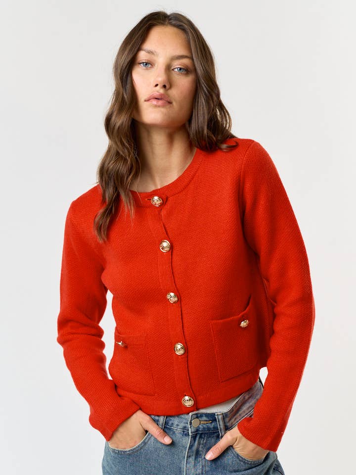 Red ILT4805 BUTTON FRONT POCKET DETAIL SWEATER CARDIGAN for wholesale on Faire