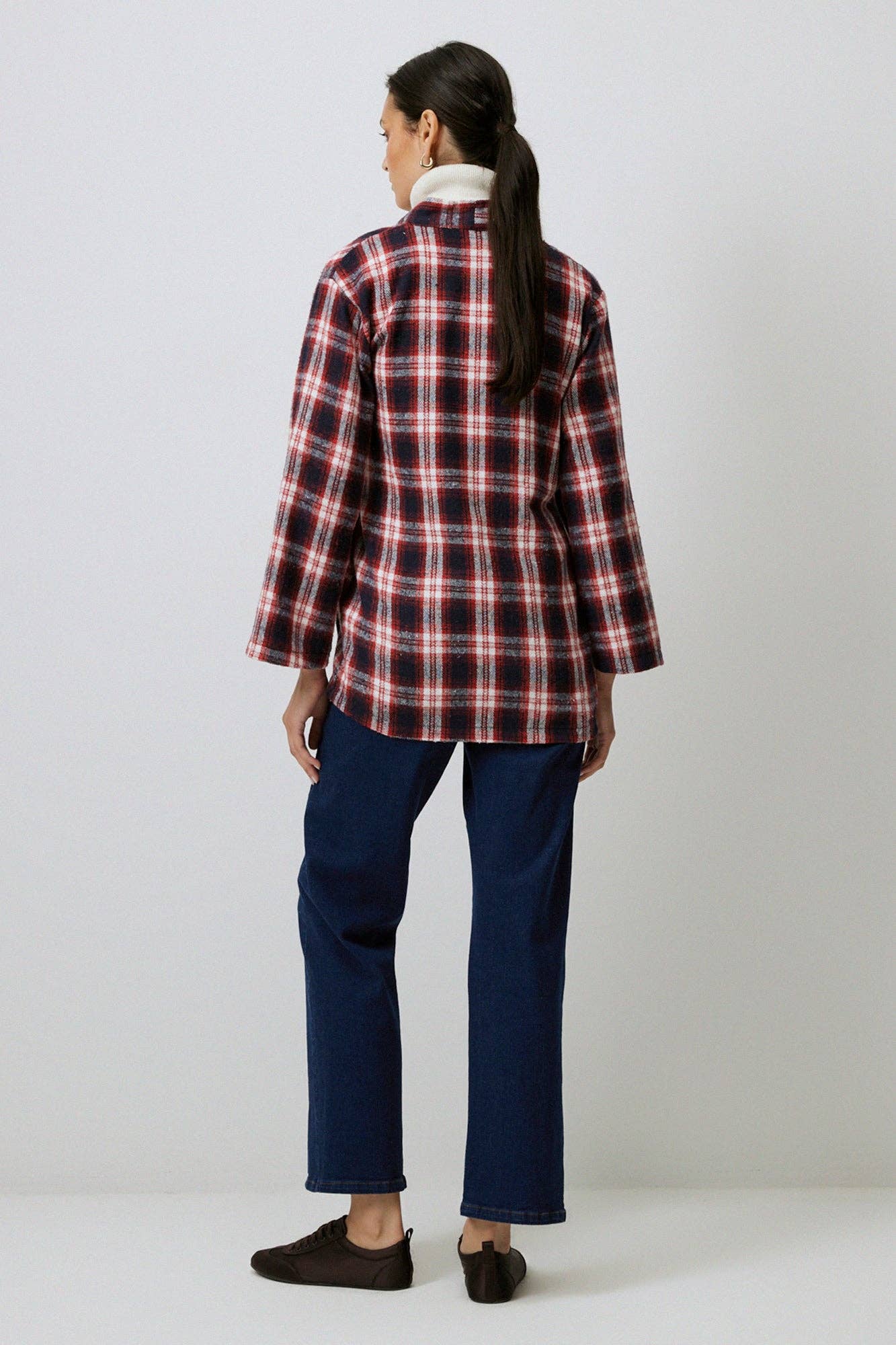 Red Plaid Cotton Blend Wrap Kimono Jacket with Tie Detail for wholesale on Faire5