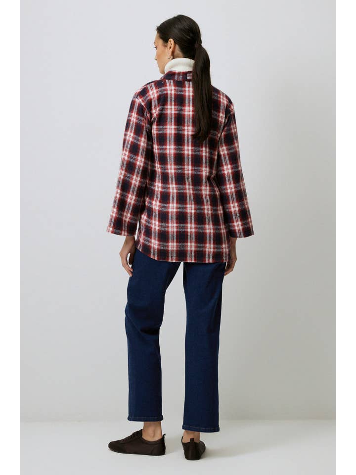 Red Plaid Cotton Blend Wrap Kimono Jacket with Tie Detail for wholesale on Faire5