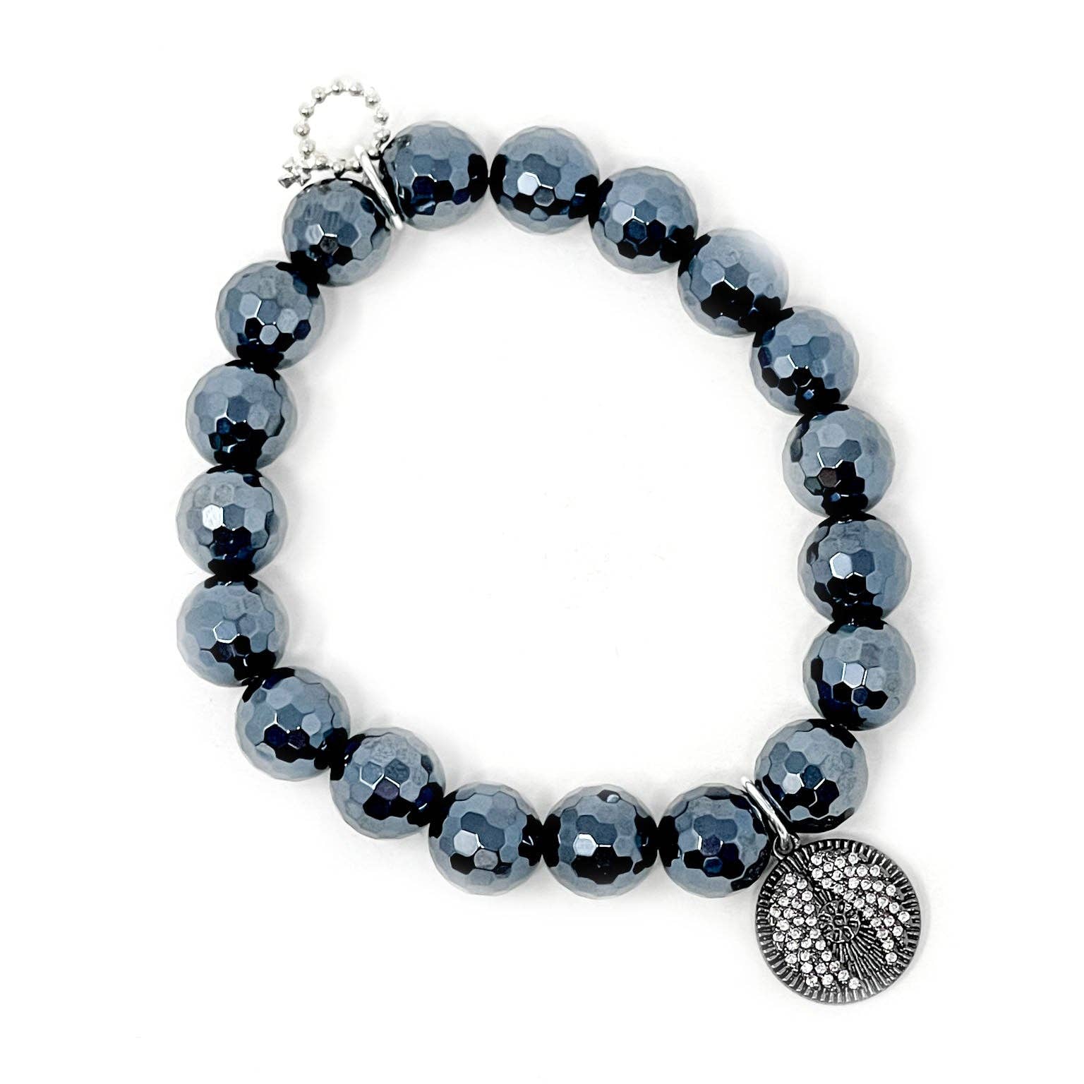 PowerBeads by jen - Wholesale Charm/Dangle Bracelet - 10mm Faceted Iridescent Black Onyx with Pave Angel Wings0