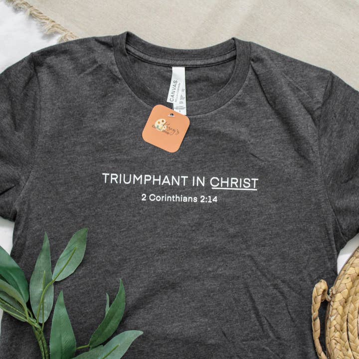 Common Grace Print Shop - Wholesale Screen Printed T-Shirt - Women's - Triumphant in Christ UNISEX Short-Sleeve T-Shirt (Color: Heathered Charcoal)2