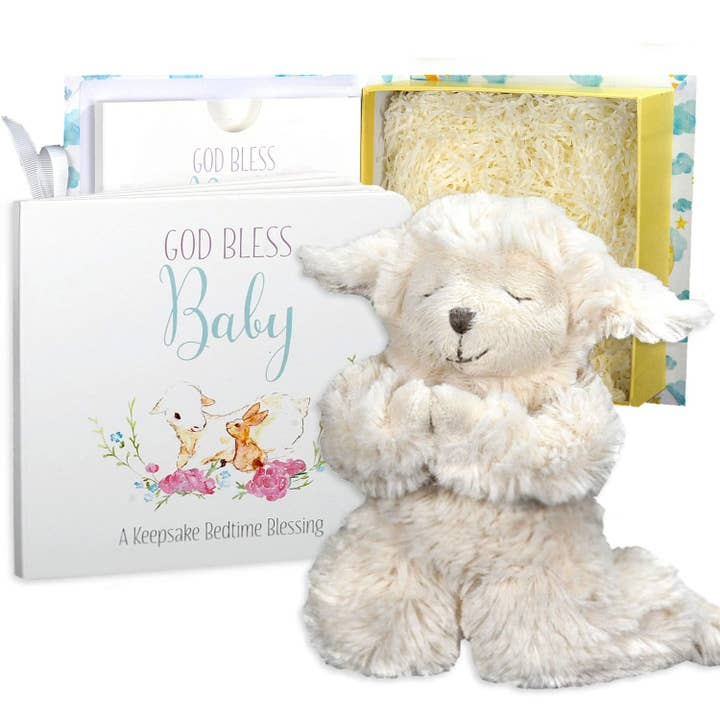 God Bless Baby Gift Set w/ Book, Praying Lamb and Book for wholesale by Bearington Collection