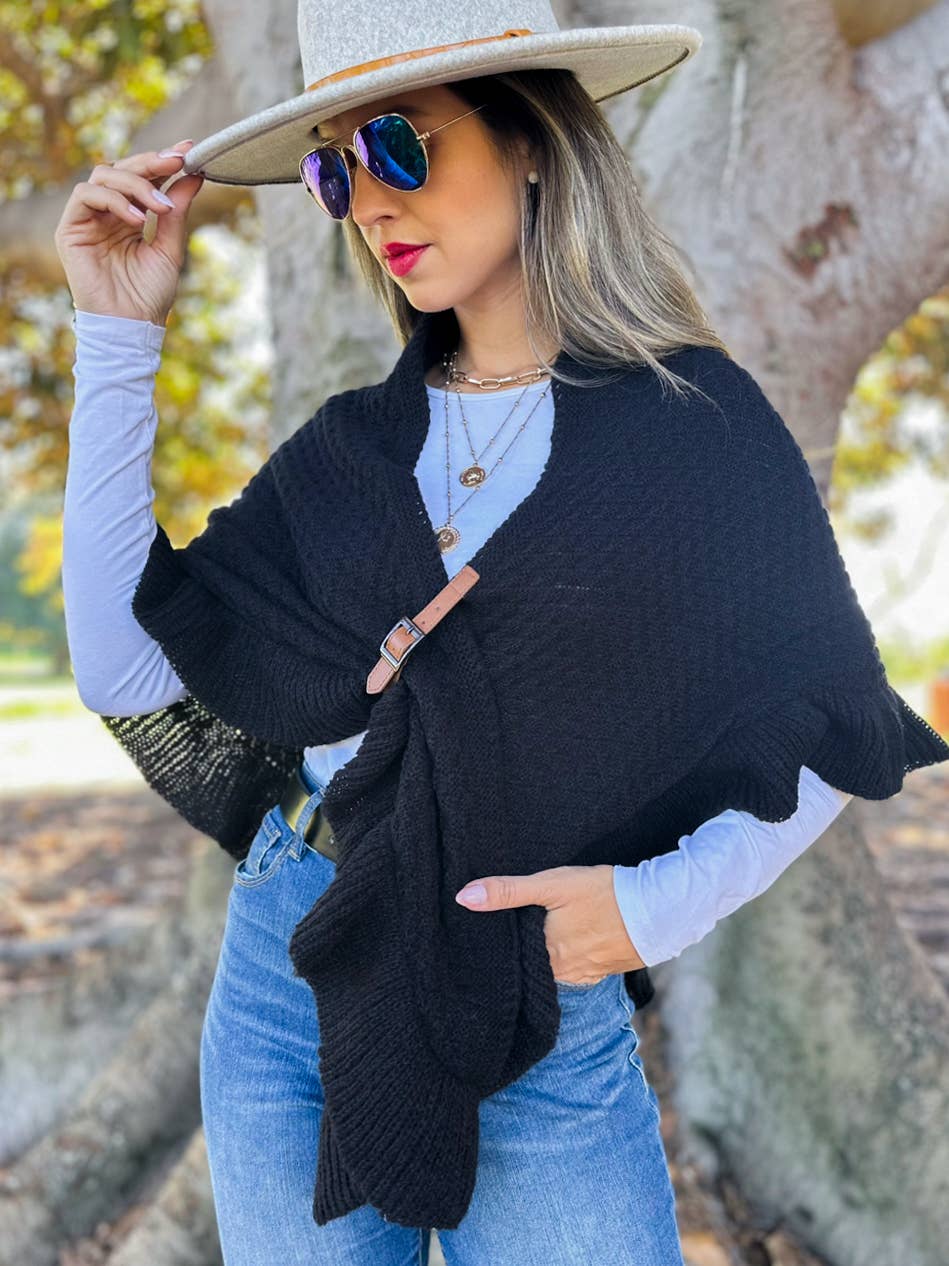 Classic Black Triangle Ruffle Shawl with Faux Leather Buckle for wholesale on Faire2