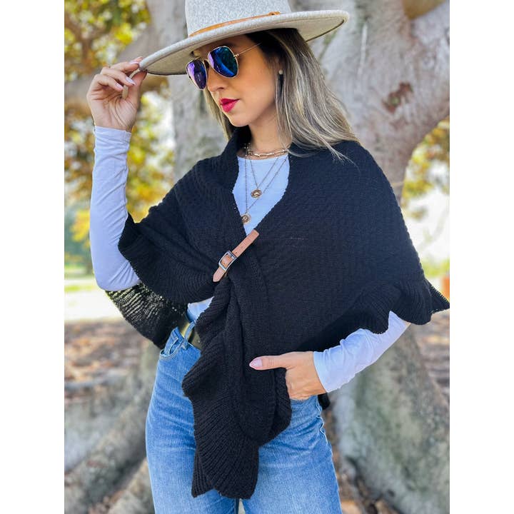 Classic Black Triangle Ruffle Shawl with Faux Leather Buckle for wholesale on Faire2