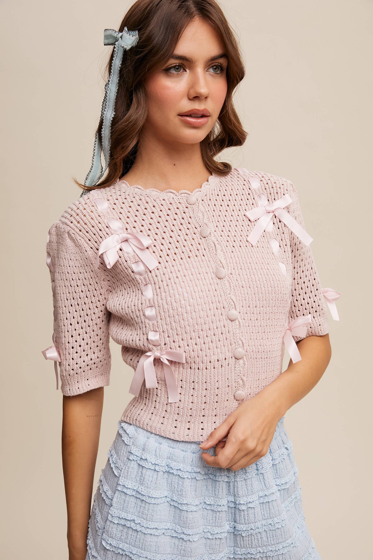 Listicle - Wholesale Cardigan - Women's - Pastel Knit Cardigan with Satin Bow Details13