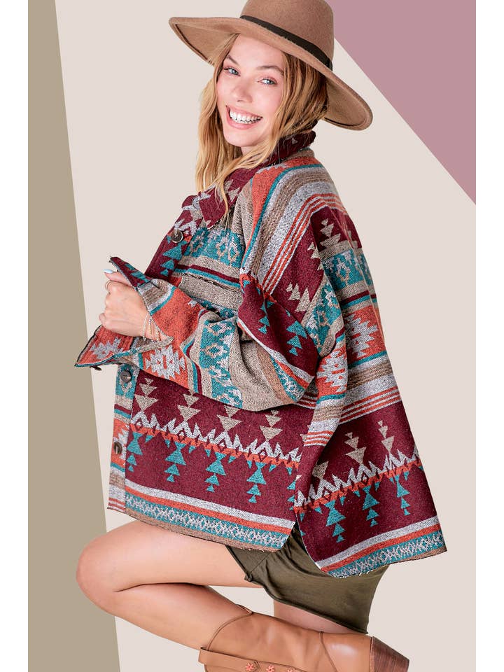 Rust Wine JKT1717-Aztec Pattern Long Sleeve Button Down Jacket for wholesale on Faire1