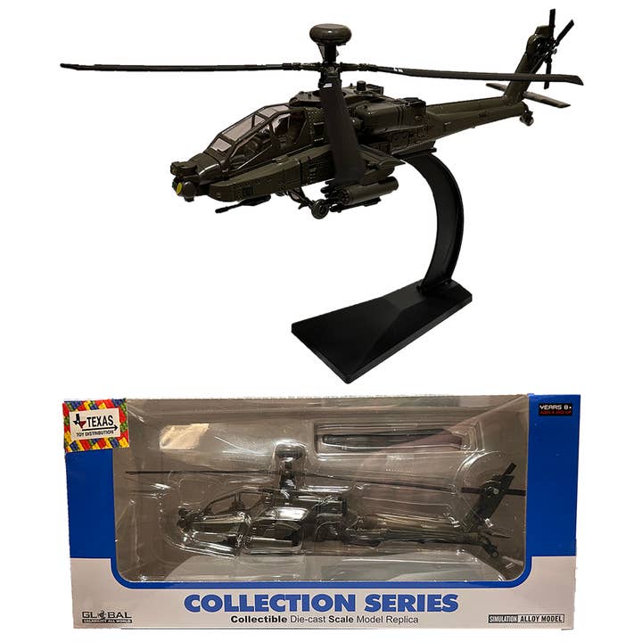 Apachi Helicopter 1:64 Scale Metal Model in Window Box for wholesale by Texas Toy Distribution
