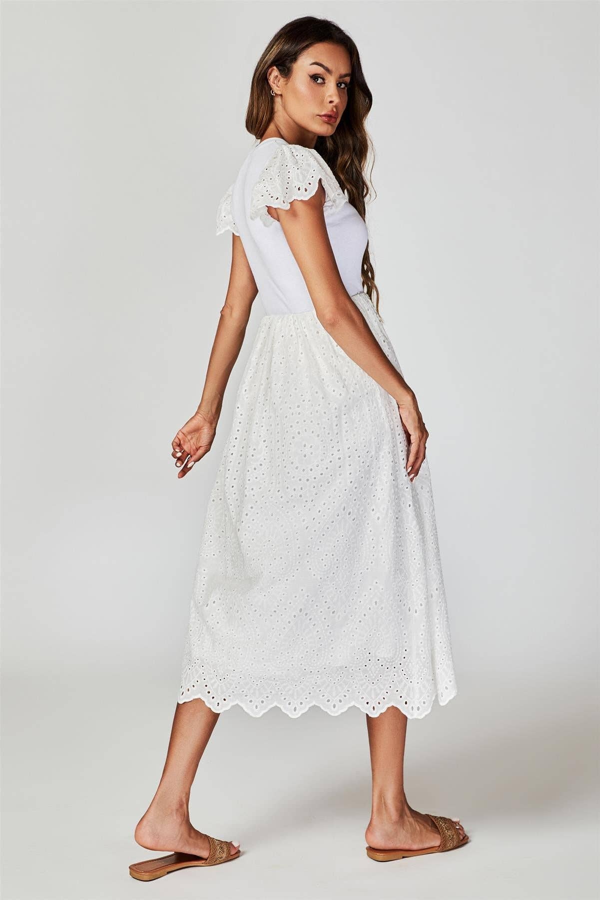 Jersey Broderie Midi Dress In White for wholesale on Faire1
