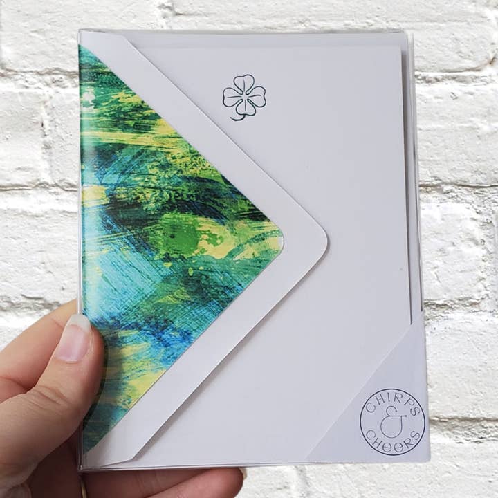 Clover Green Foil Stamped Flat Notecard Set for wholesale by Chirps and Cheers