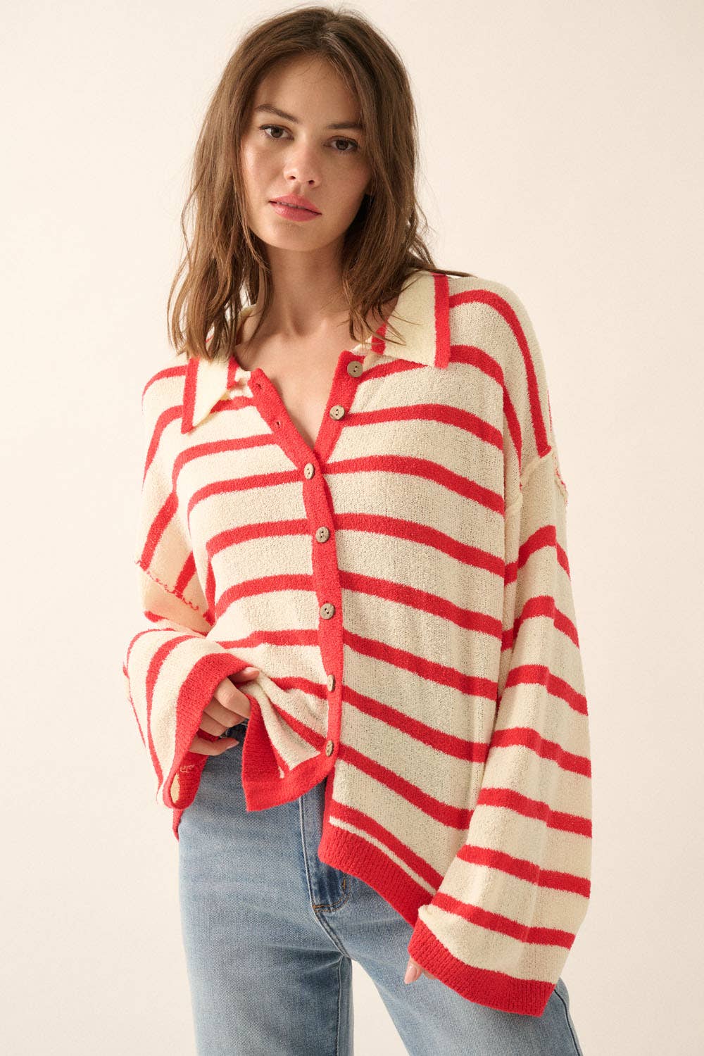 Promesa USA - Vente Cardigan – femme - Cardigan à rayures en maille avec col et boutons sur le devant3