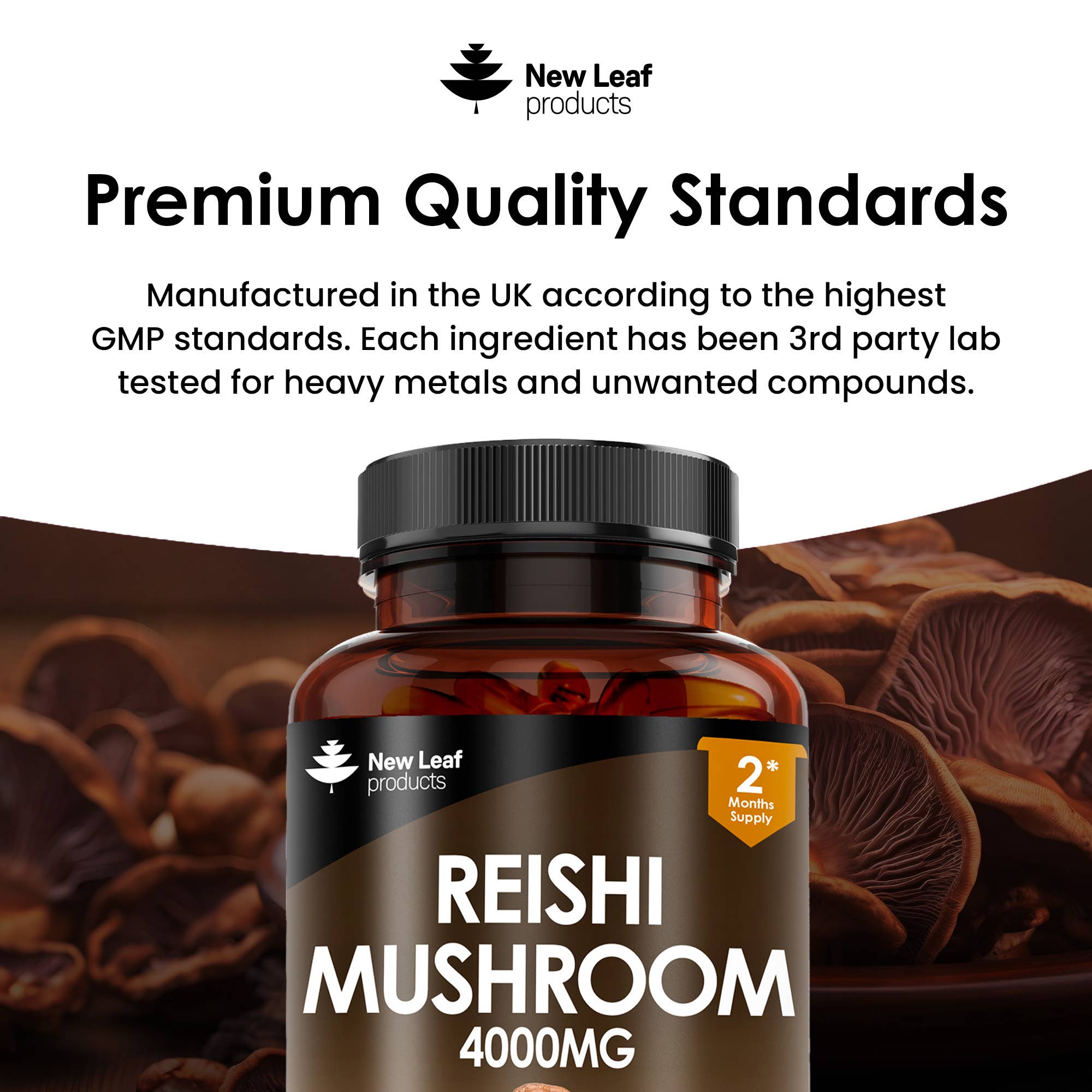 New Leaf products Ltd – wholesale Oral supplement/vitamin – Reishi Mushroom 4000mg Vegan Capsules - 100% Fruiting Body4