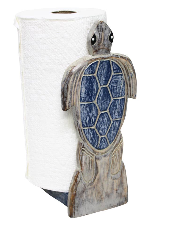 Hand Carved Turtle BLUE Color Design Paper Towel Holder for wholesale by White Elephant