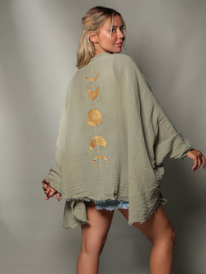 Moa – wholesale Kimono – Women's – Green Muslin Kimono Robe with Golden Moon Phases / Poncho