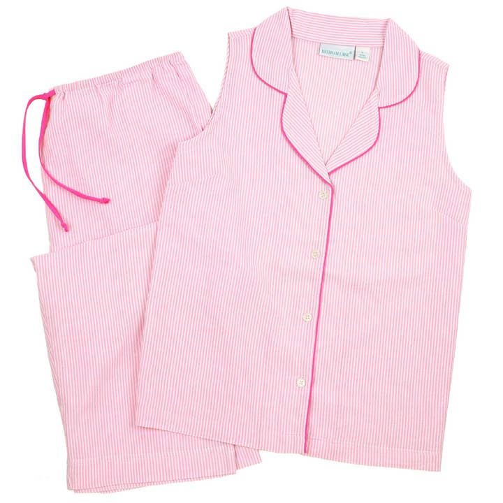 Pink Seersucker-Pink Sleeveless Capri Pajamas for wholesale by Needham Lane