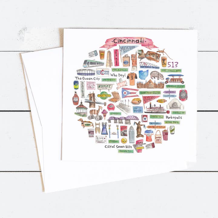 Cincinnati, OH Ikon Akvarel Notecard for engroshandel hos Green Blanky Studio