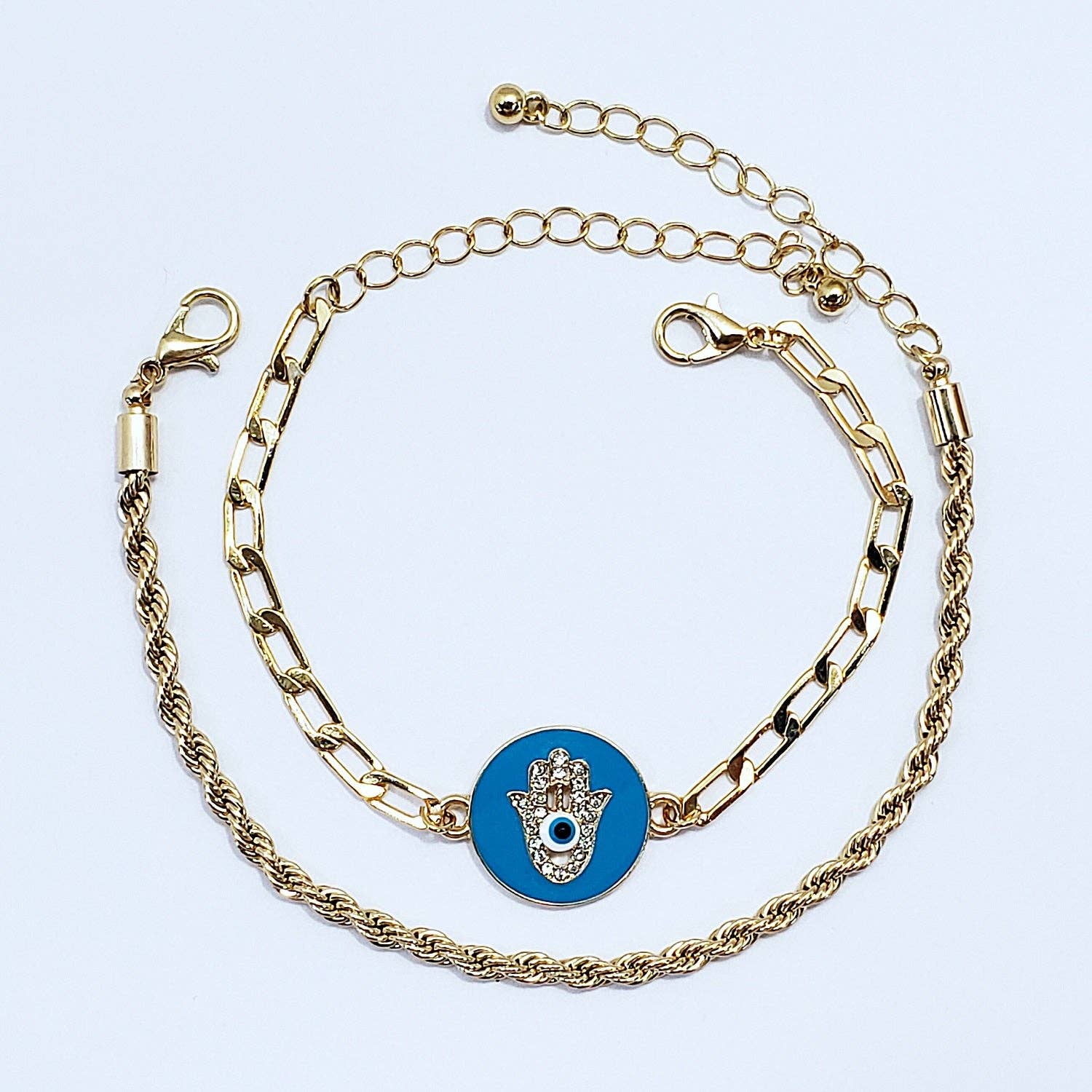 Greater Goods Imports & Wholesale - Wholesale Jewelry Set - B0176 CB1074 Evil Eye Hamsa Design Accented Dainty Chain Bracelets4