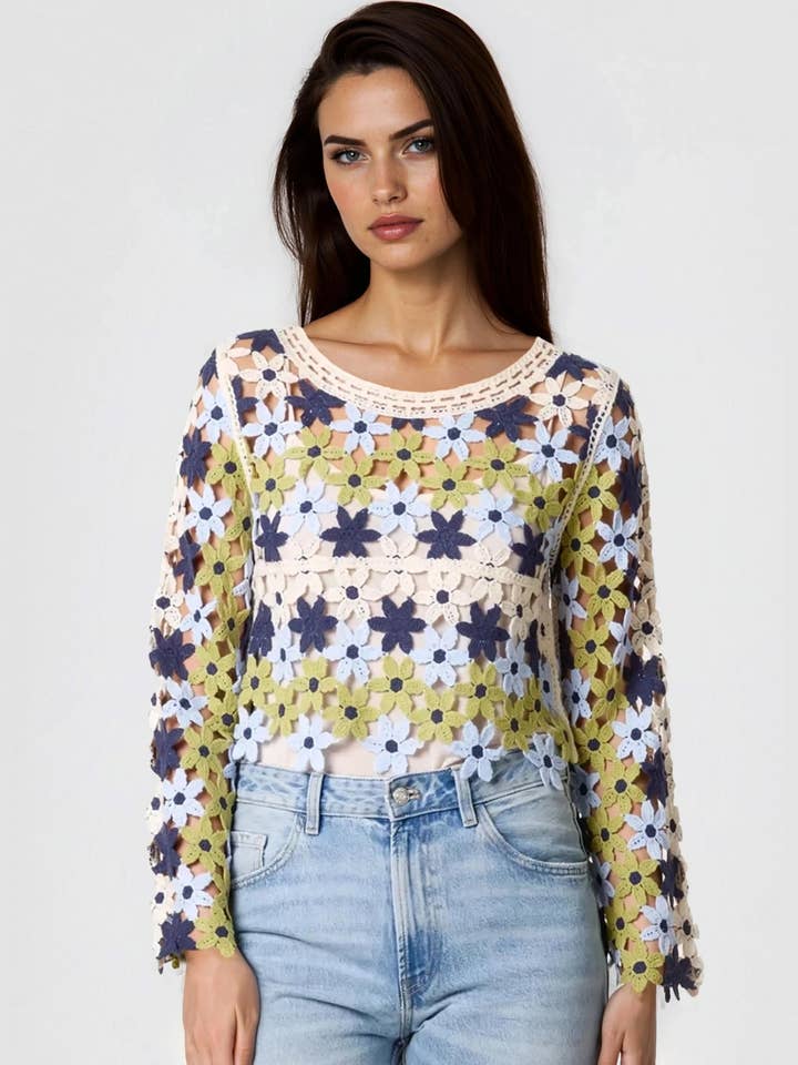 Jersey corto de crochet floral en azul marino y caqui para venta al por mayor de Aftershock London