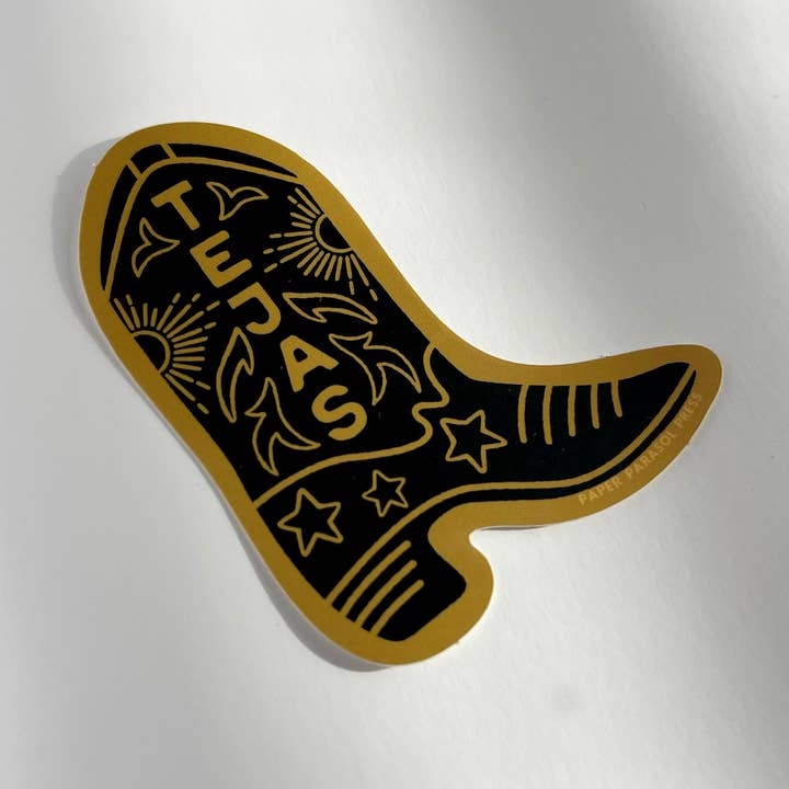 Tejas Texas Black Boot Sticker for wholesale by Paper Parasol Press
