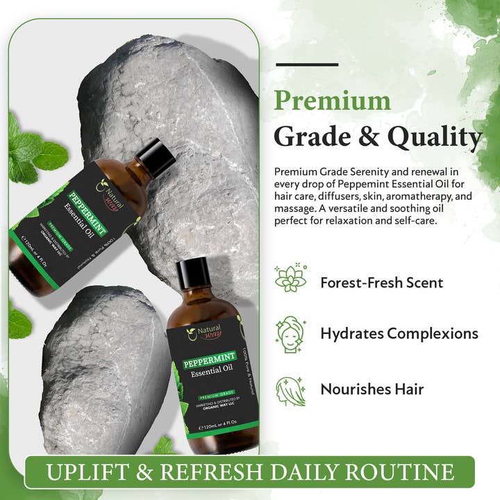 Organic Way LLC - Wholesale Essential Oil - Natural Way Peppermint Essential Oil | Premium Grade Essential Oils for Hair Care, Oil for Skin, Aromatherapy, & Diffuser | Essential Oil for Skin Tag Remover, Massage Oil & Humidifier Use | 4 Fl Oz (120 mL)