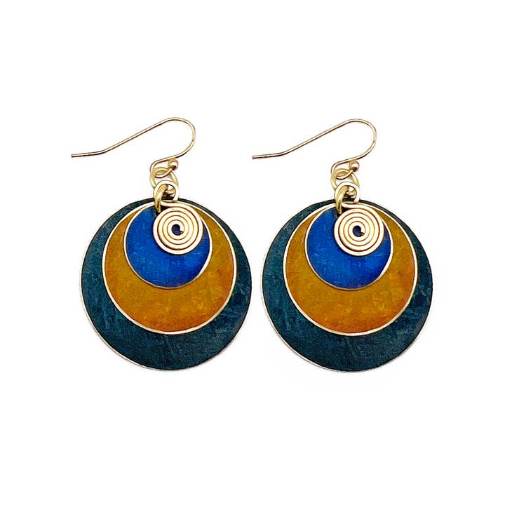 Anju Jewelry - Wholesale Dangle Earrings - Brass Patina Earrings - Blue Hues and Orange with Swivel
