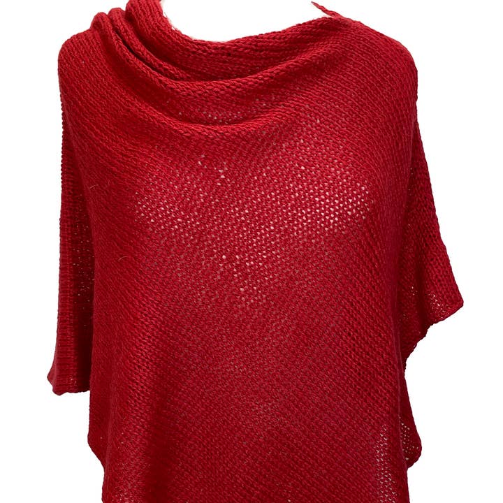 Alpaca Hand Knit Poncho Wrap: Deep Red for wholesale by Moche Lifestyle