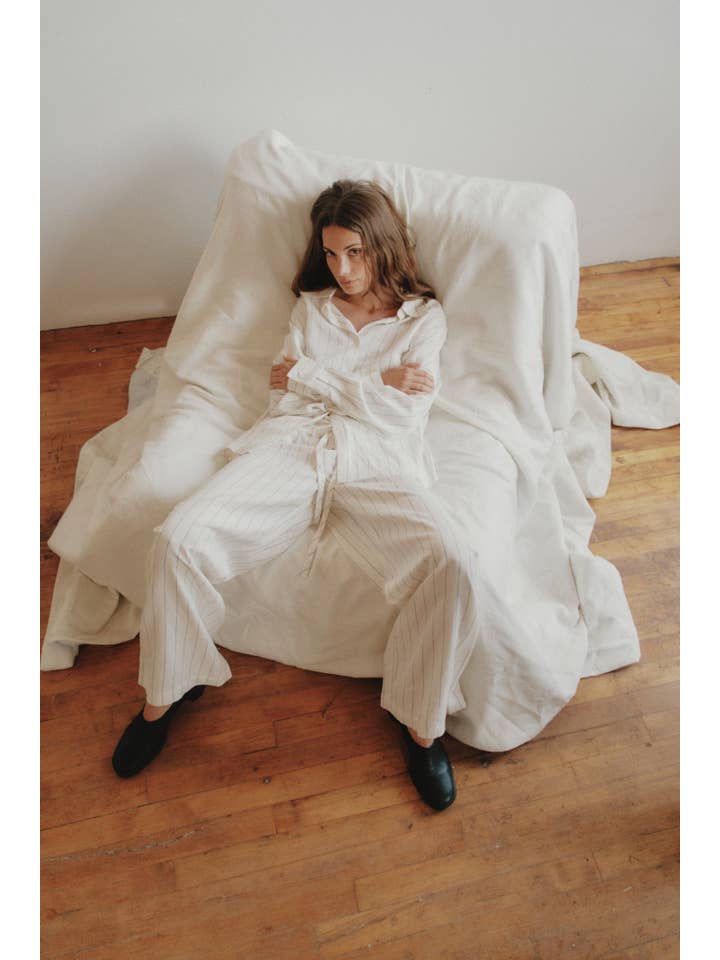 WHITE The Raquel Top | Pinstripe Linen Blend Button-Down Shirt for wholesale on Faire