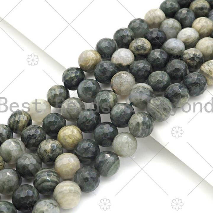 Quality Natural Green Rabbit Fur Courts Round Faceted Beads, 6mm/8mm/10mm/12mm Dark Green Agate, 15.5'' Full Strand, Sku#U1150 for wholesale by BestBeads&Beyond